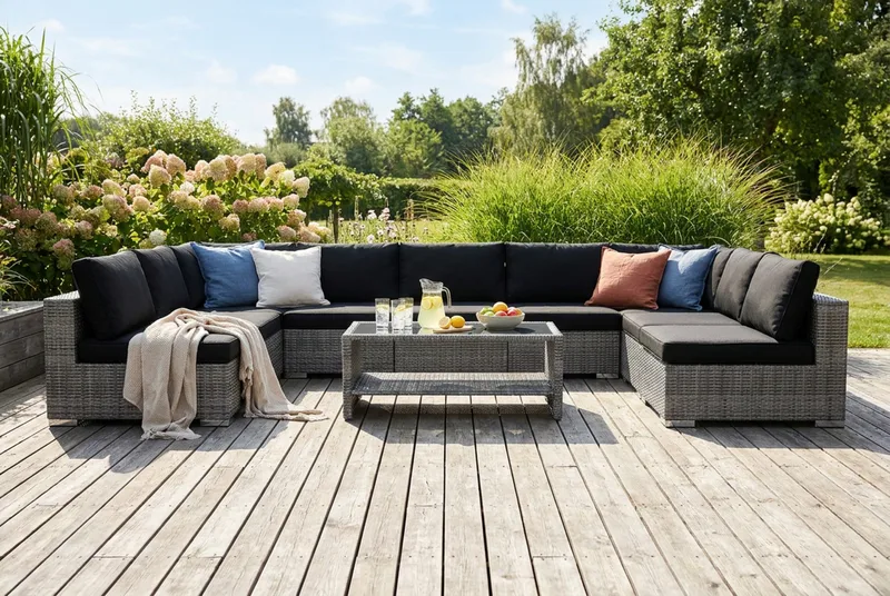 Bahamas U-formad utomhus loungegrupp med öppet avslut, 9-sits med bord och hylla - Grå - Products - Utemöbler & utemiljö - Loungemöbler - Loungeset & loungegrupp