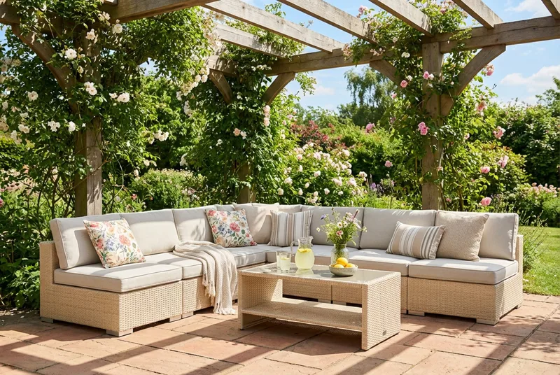 Bahamas utomhus hörnsoffa 7-sits vändbar med öppet avslut och bord med hylla - Beige - Products - Utemöbler & utemiljö - Loungemöbler - Loungeset & loungegrupp