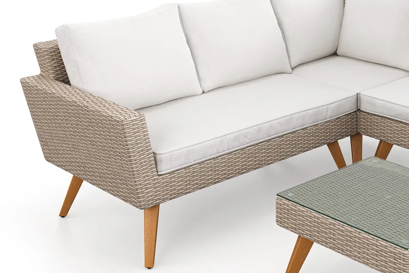 Karlskrona 5-sits Loungegrupp utomhus med vita dynor soffbord i konstrotting med glasskiva - Brun - Products - Utemöbler & utemiljö - Loungemöbler - Loungeset & loungegrupp