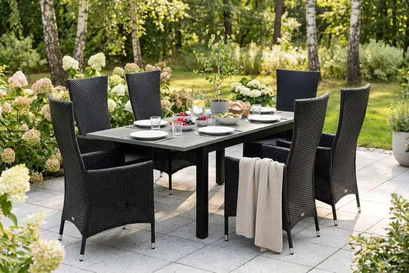 Monaco förlängningsbar matgrupp utomhus inkl. iläggskiva 150-250 cm med 6 Jenny ställbar matstol - Svart/Grå - Products - Utemöbler & utemiljö - Utegrupp - Matgrupp utomhus