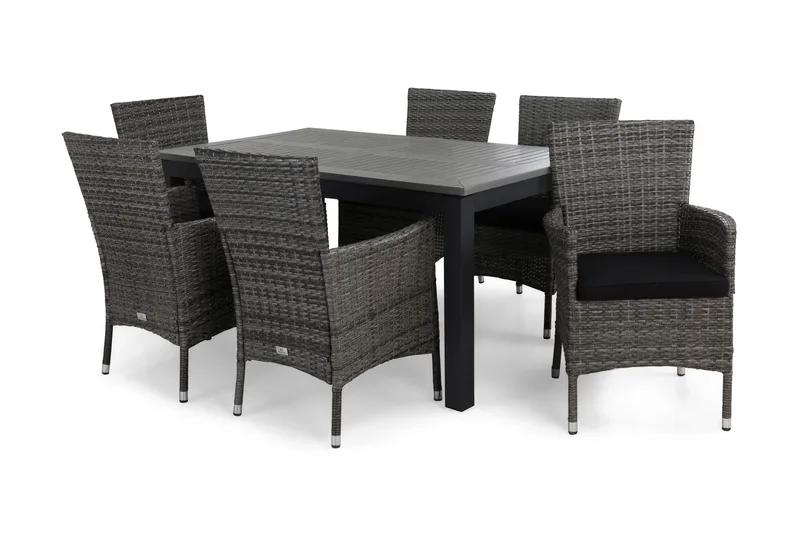 Monaco Matgrupp Utomhus 152-210 + 6 Thor Fåtölj m Dyna, Svart/Grå/Svart