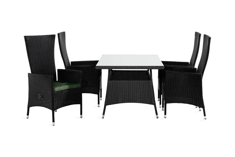Thor Matgrupp Utomhus 140x90 + 4 Jenny Fåtölj Ställbar m Dyna, Svart/Grön