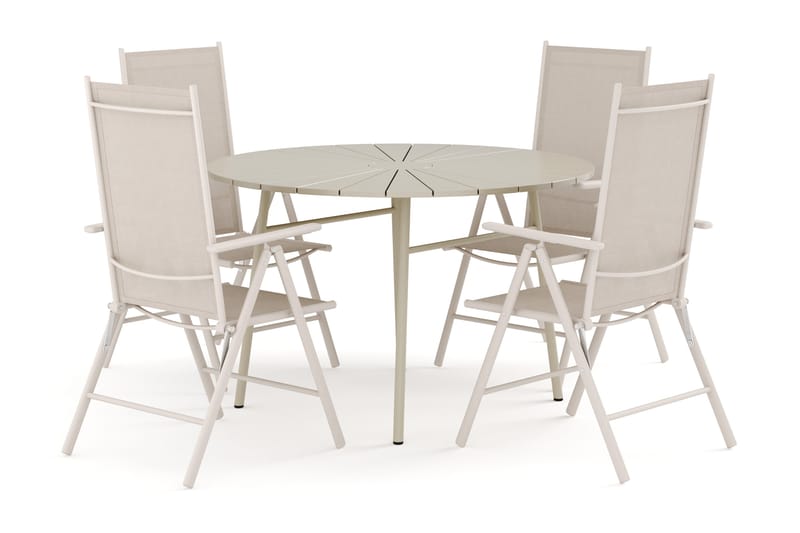 Tunis utomhus rund matgrupp 120 cm med 4 Maggie positionsstolar, Beige/Beige