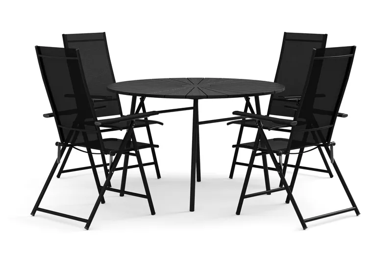 Tunis utomhus rund matgrupp 120 cm med 4 Sanna positionsstolar, Svart/Svart