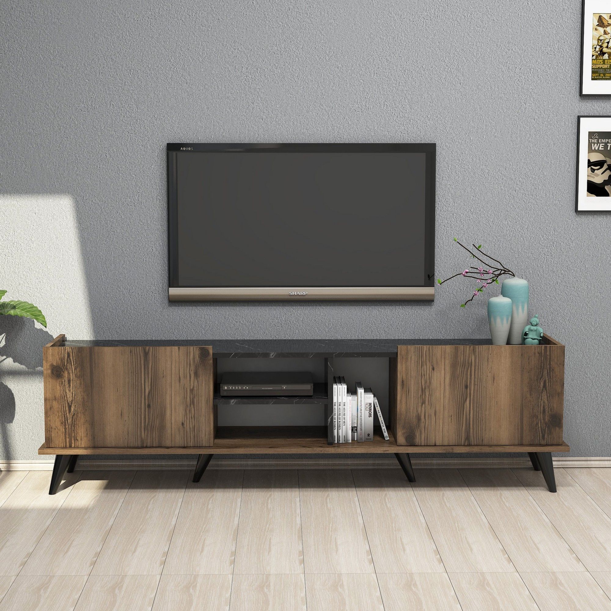 Eleganter TV-St�nder 180 cm - Walnuss/Schwarz