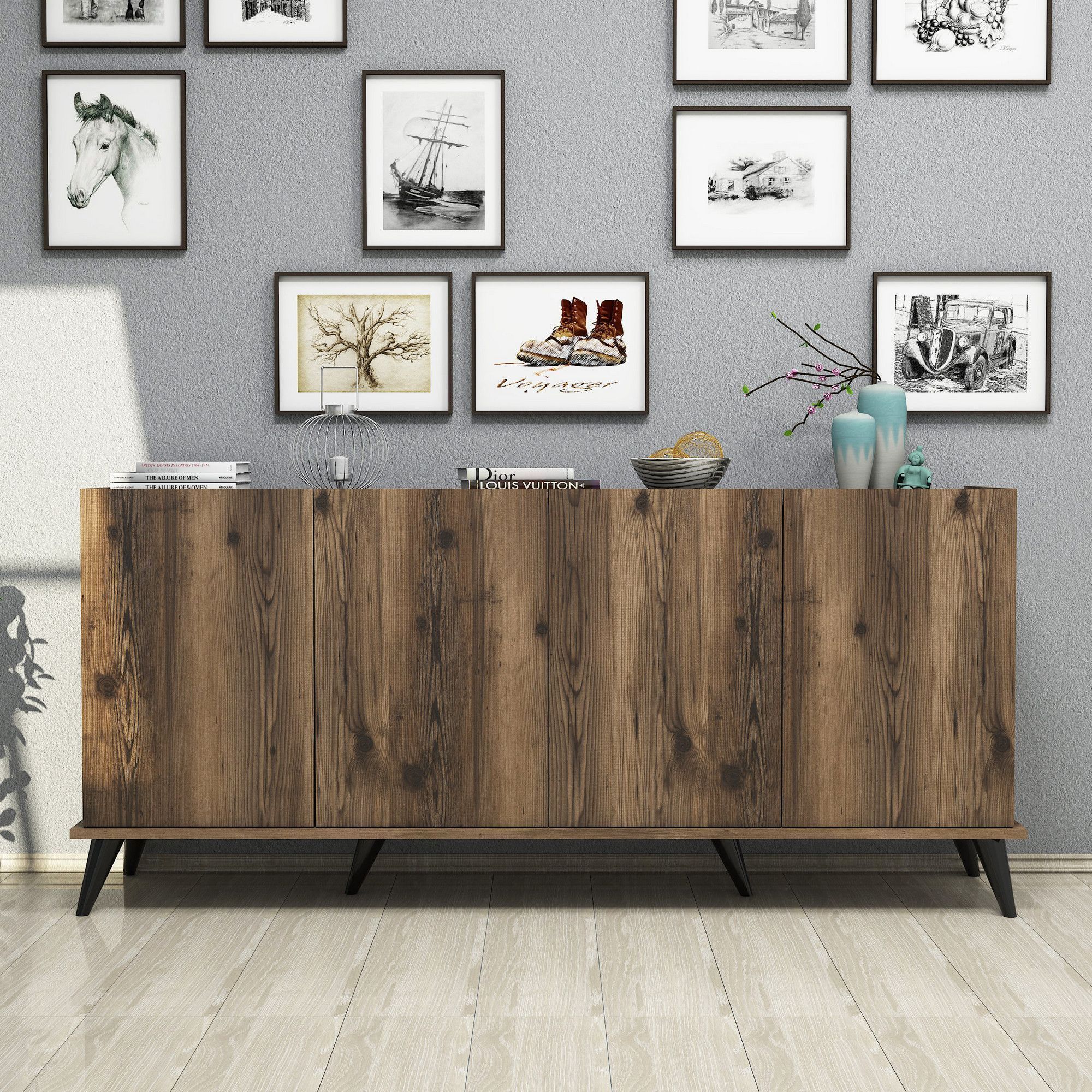 Elegantes Sideboard - Nussbaum/schwarzer Marmor Elegantes Sideboard - Nussbaum/schwarzer Marmor