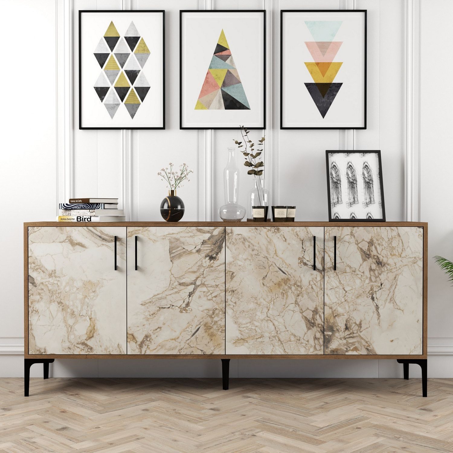 Kyiv Sideboard 180 cm - Nussbaum/wei�er Marmor