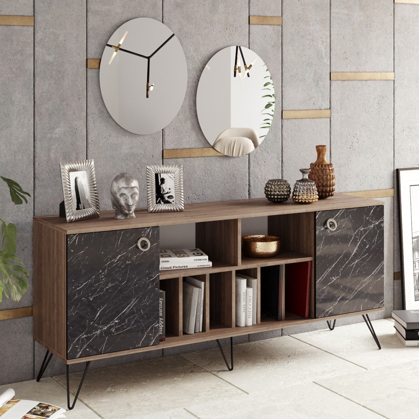 Lorenz Sideboard mit Spiegeln - Nussbaum/schwarz