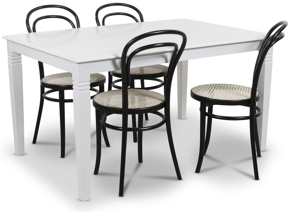 Mellby Essgruppe 140 cm Tisch mit 4 schwarzen Thonet No14 Stühlen - Weiß / Schwarz Mellby Essgruppe 140 cm Tisch mit 4 schwarzen Thonet No14 Stühlen - Weiß / Schwarz