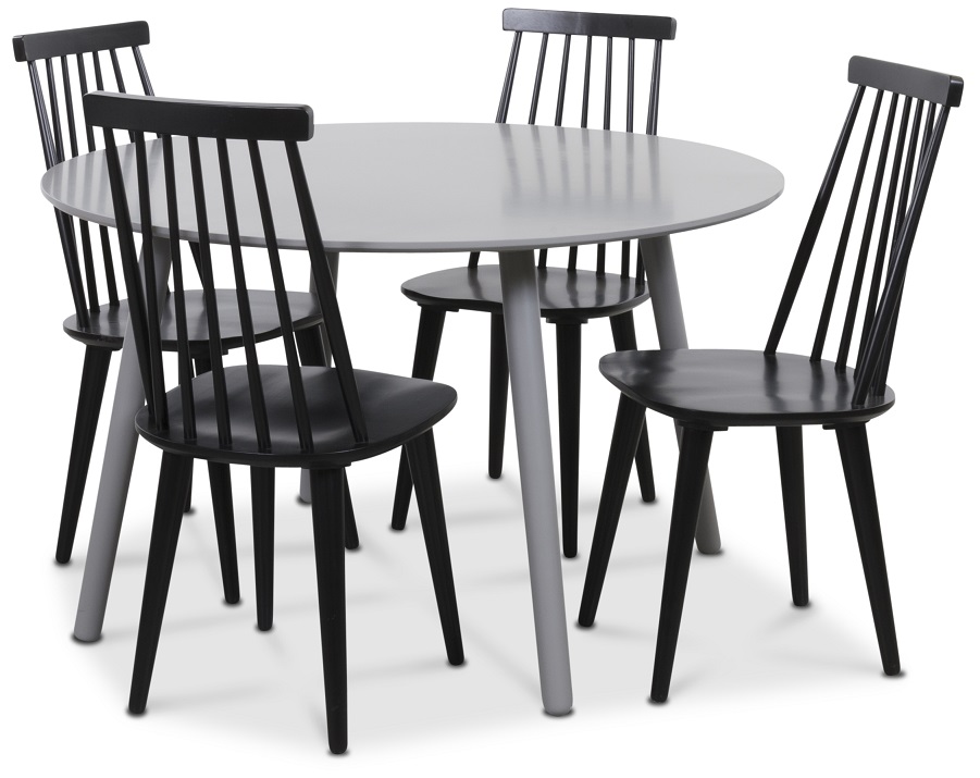 Rosvik Essgruppe grauer, runder Tisch mit 4 schwarzen Dalsland Sprossenstühlen - Grau / schwarz + 4.00 x Stuhlkissen Rosvik Essgruppe grauer, runder Tisch mit 4 schwarzen Dalsland Sprossenstühlen - Grau / schwarz + 4.00 x Stuhlkissen
