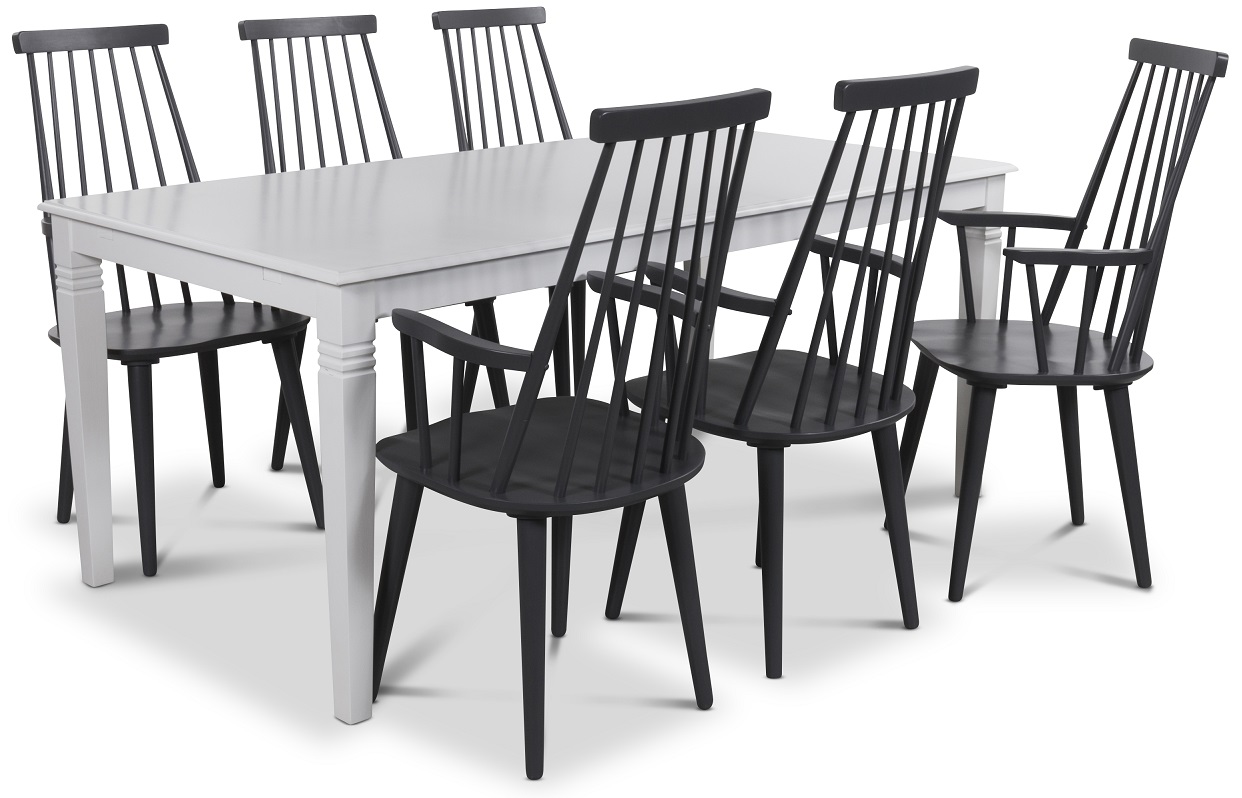 Mellby Essgruppe 180 cm Tisch mit 6 schwarzen Dalsland Rohrstühlen mit Armlehnen Mellby Essgruppe 180 cm Tisch mit 6 schwarzen Dalsland Rohrstühlen mit Armlehnen