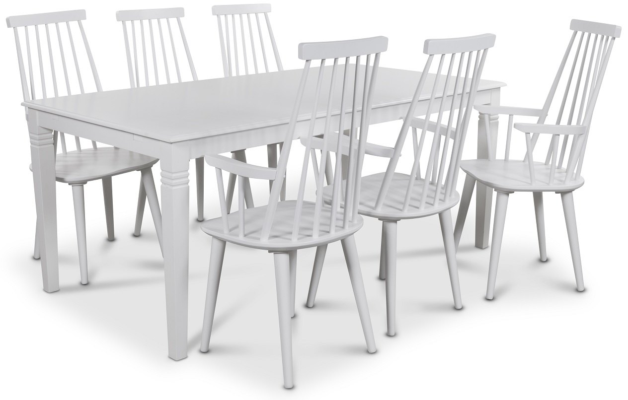 Mellby Essgruppe 180 cm Tisch mit 6 weißen Dalsland Cane Stühlen mit Armlehnen Mellby Essgruppe 180 cm Tisch mit 6 weißen Dalsland Cane Stühlen mit Armlehnen