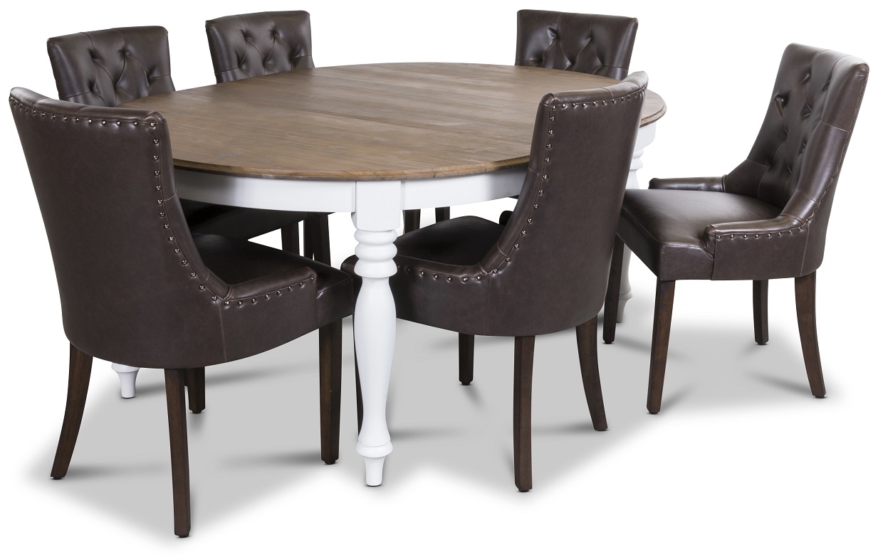 New England Essgruppe inklusive 6 Tuva Esszimmerst�hle in braunem Vintage-PU