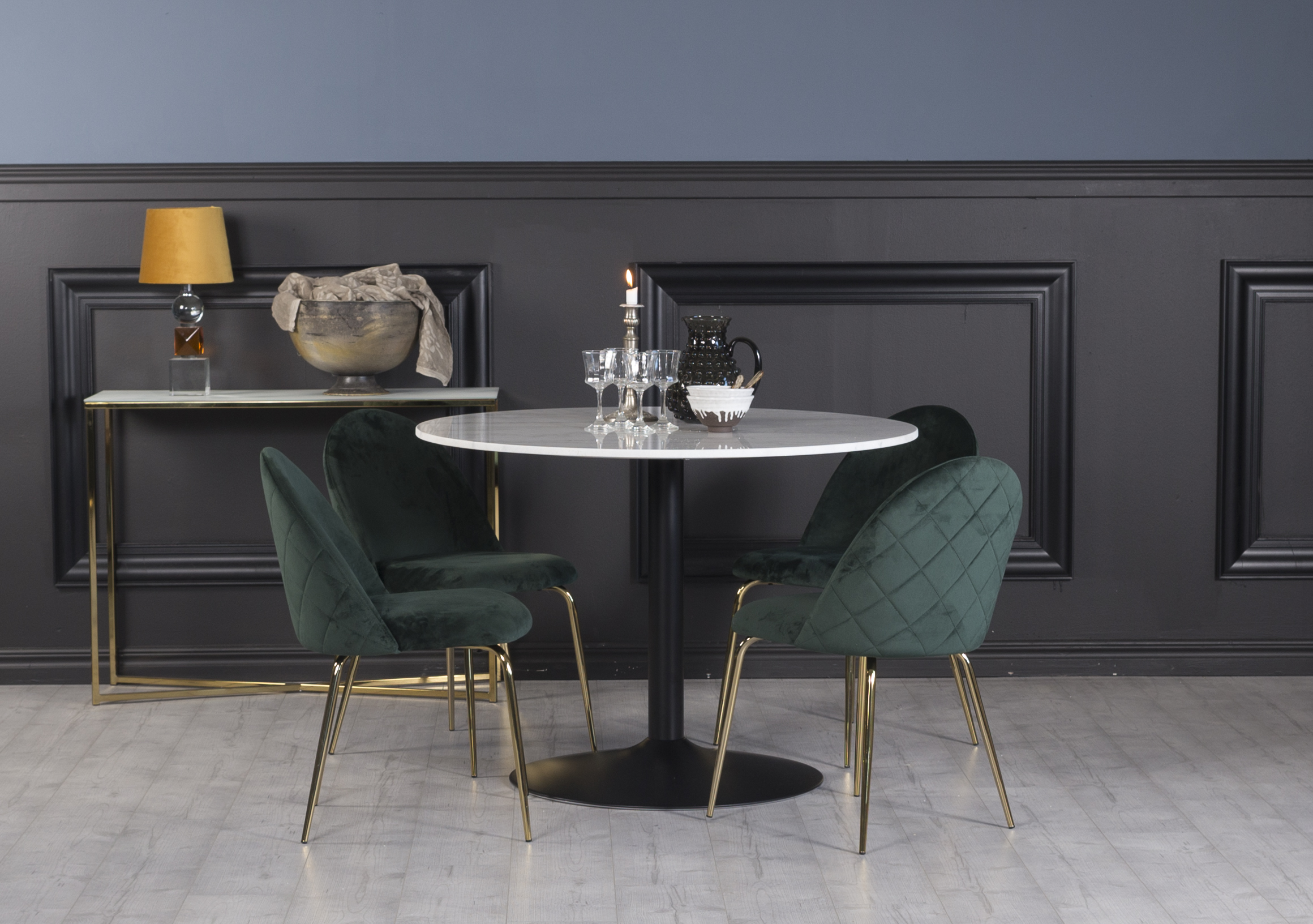 Plaza Esstischset, Marmortisch mit 4 Plaza Samtst�hlen - Gr�n/Braun/Schwarz