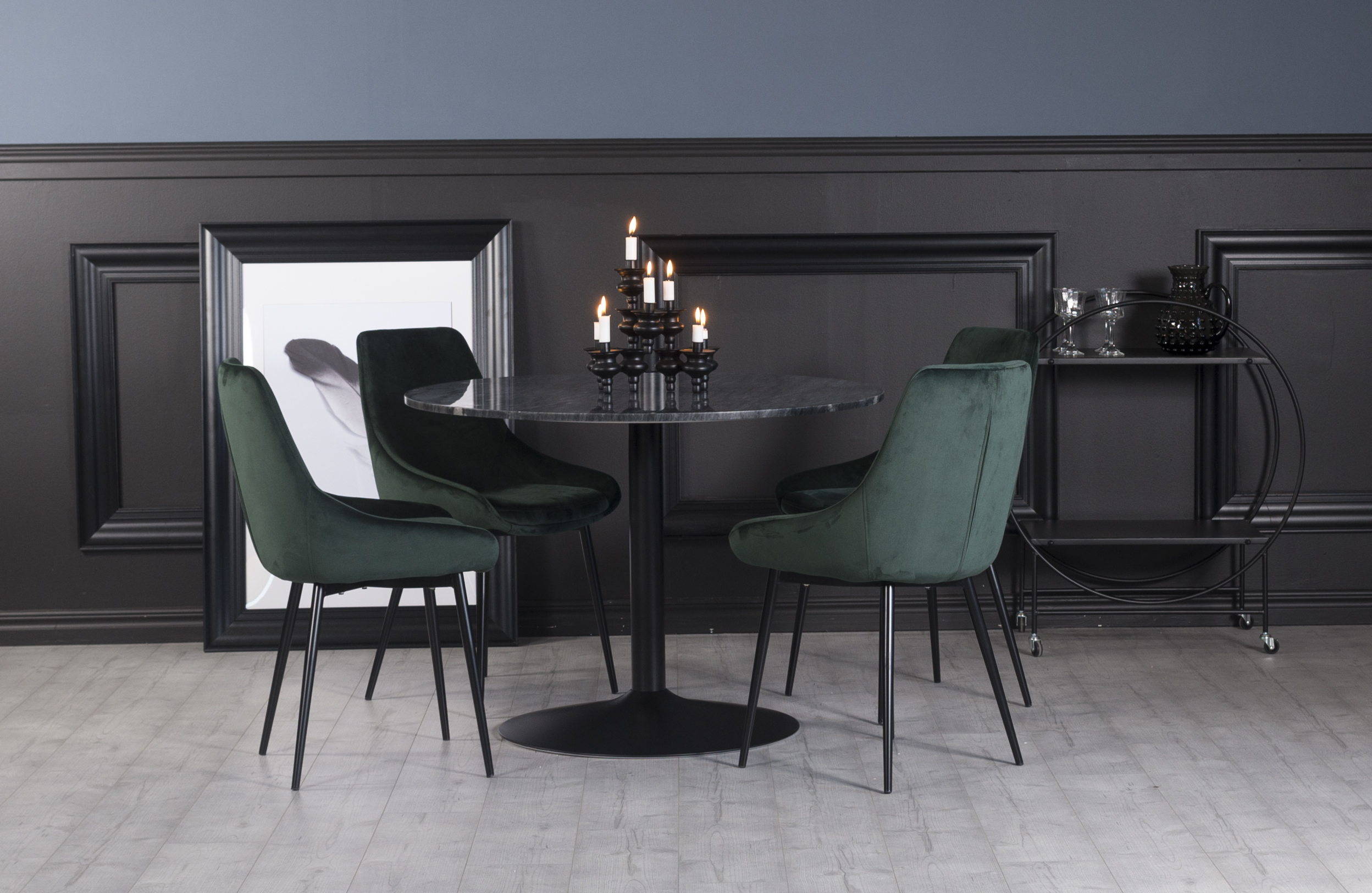 Plaza Essgruppe, Marmortisch mit 4 Theo Samtst�hlen - Gr�n/Grau/Schwarz