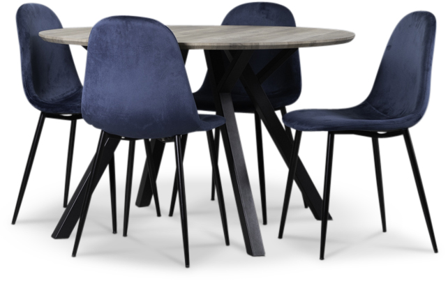 Smokey Esstischgruppe, runder Esstisch mit 4 Carisma Samtstühlen - Blau Smokey Esstischgruppe, runder Esstisch mit 4 Carisma Samtstühlen - Blau