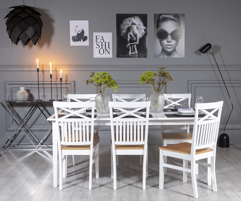 G�s� Essgruppe: Tisch 180 cm inklusive 6 F�r� St�hle mit Kreuzen - Wei�/Eiche