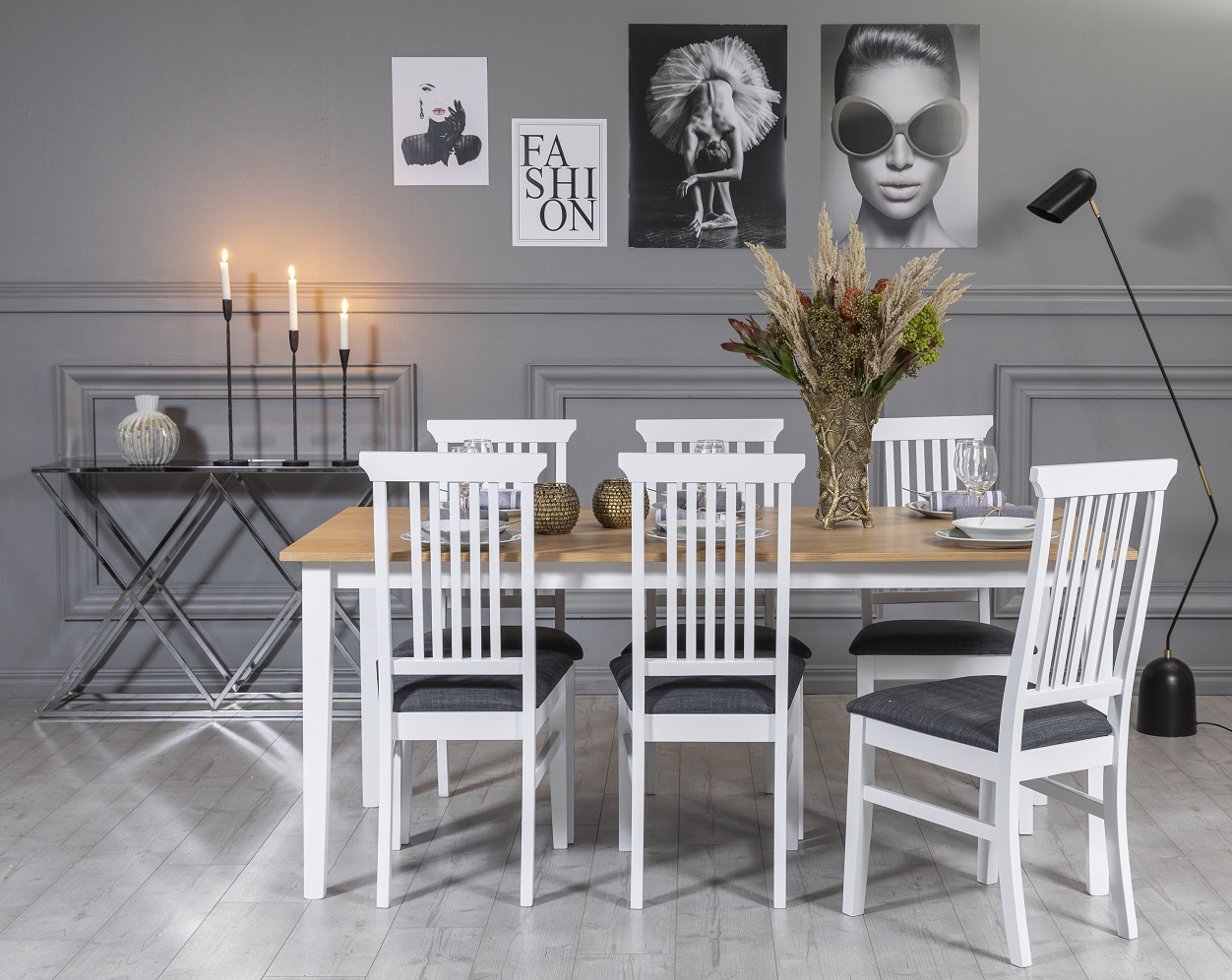 F�r� Essgruppe: Tisch 180 cm inklusive 6 M�s� St�hle - Wei�/Eiche