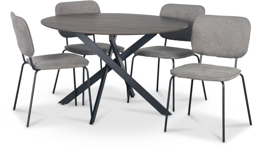 Hogrän Essgruppe Ø120 cm Tisch aus dunklem Holz + 4 Lokrume graue Stühle Hogrän Essgruppe Ø120 cm Tisch aus dunklem Holz + 4 Lokrume graue Stühle