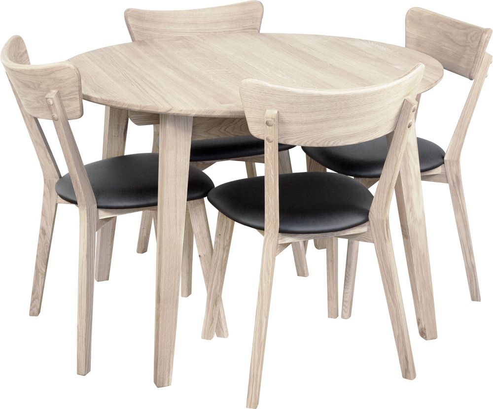 Essgruppe Genova Esstisch 110-160 cm inkl. 6 Amino St�hle - Wei� pigmentiert/schwarzes Kunstleder