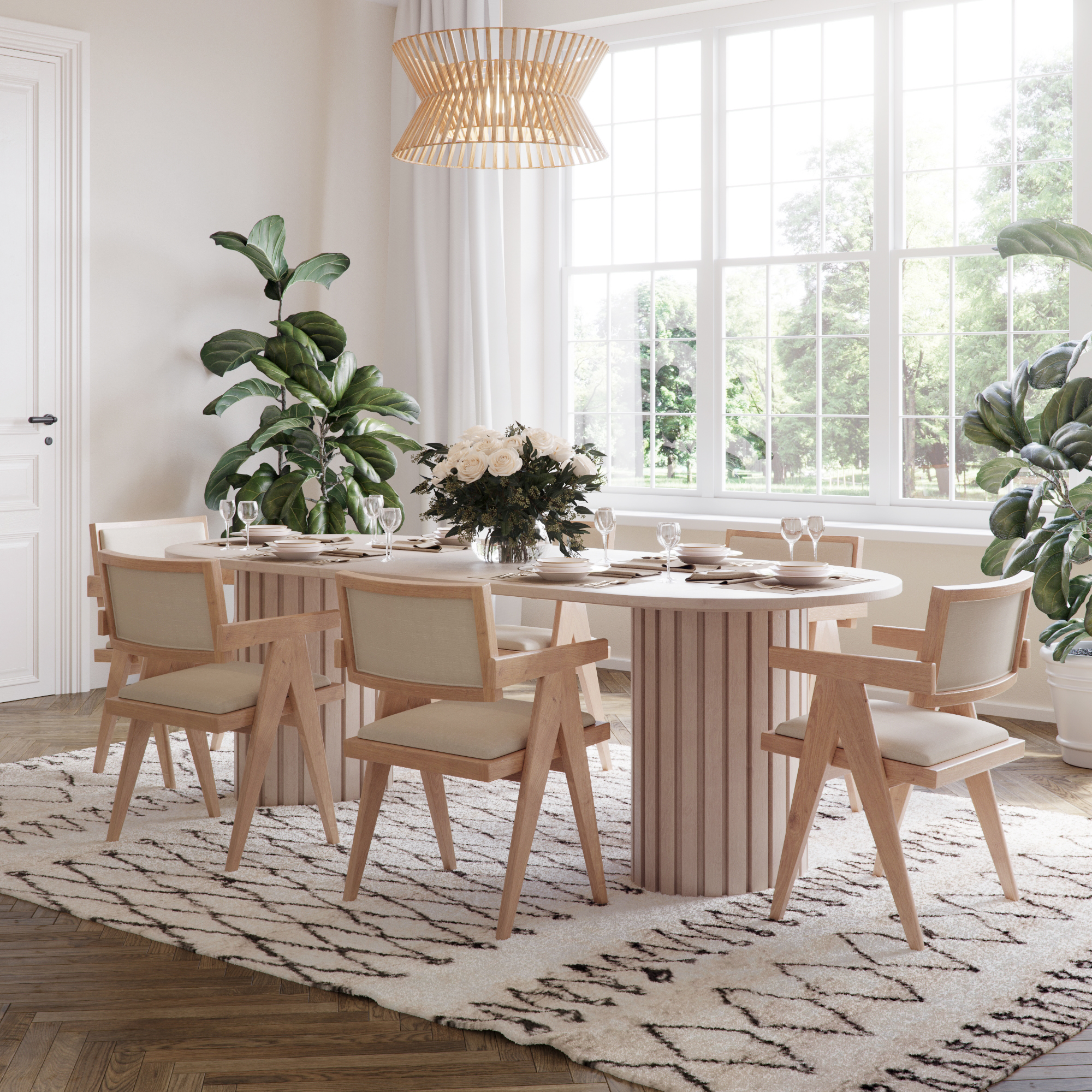 Essgruppe PiPi ovaler Esstisch 240 cm inkl. 6 Sara Sesseln - Whitewash + 4.00 x M�belf��e