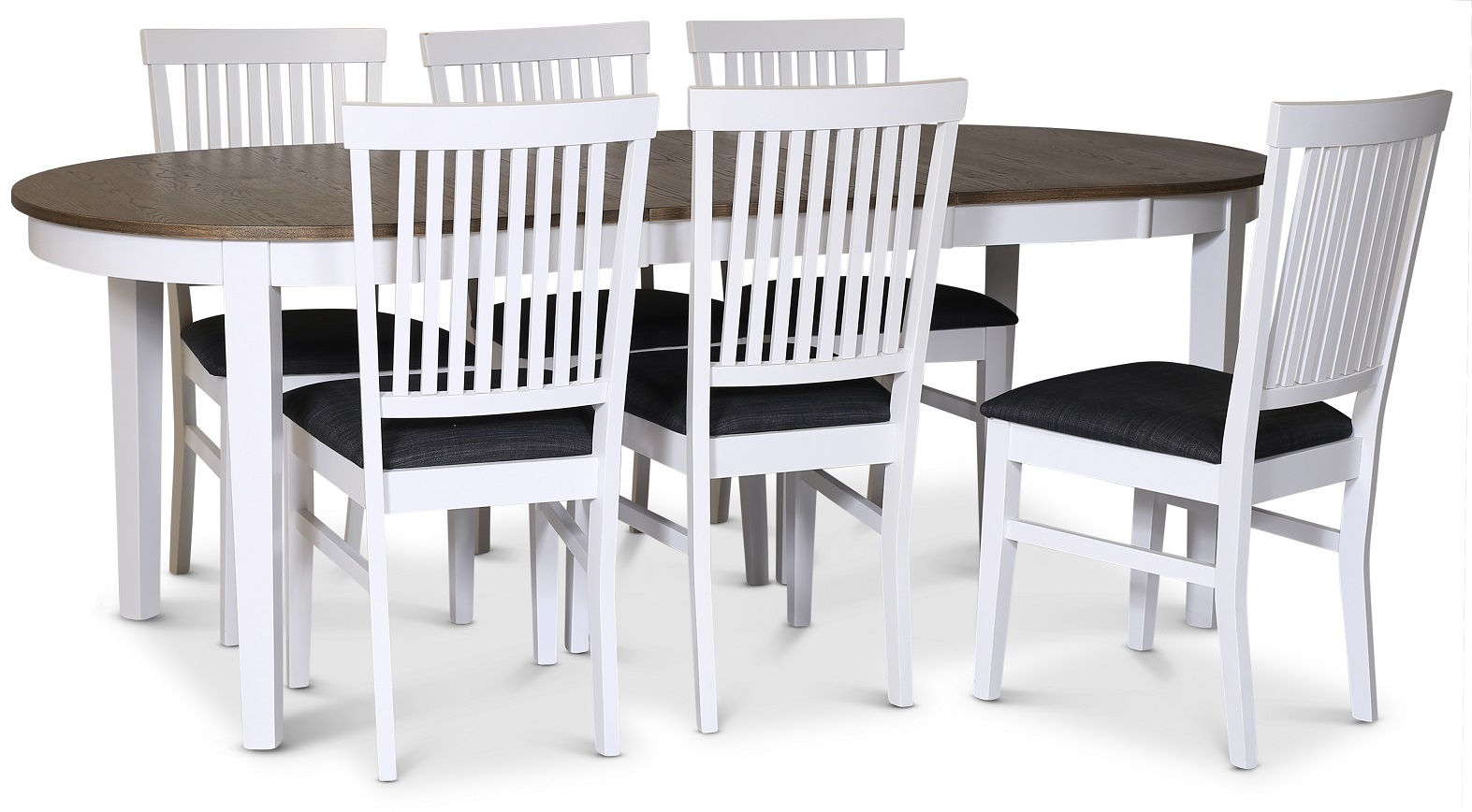 Lebensmittelgruppe Skagen; Esstisch 160/210x90 cm - wei�/braun ge�lte Eiche mit 6 F�r� St�hlen mit grauen Stoffsitzen