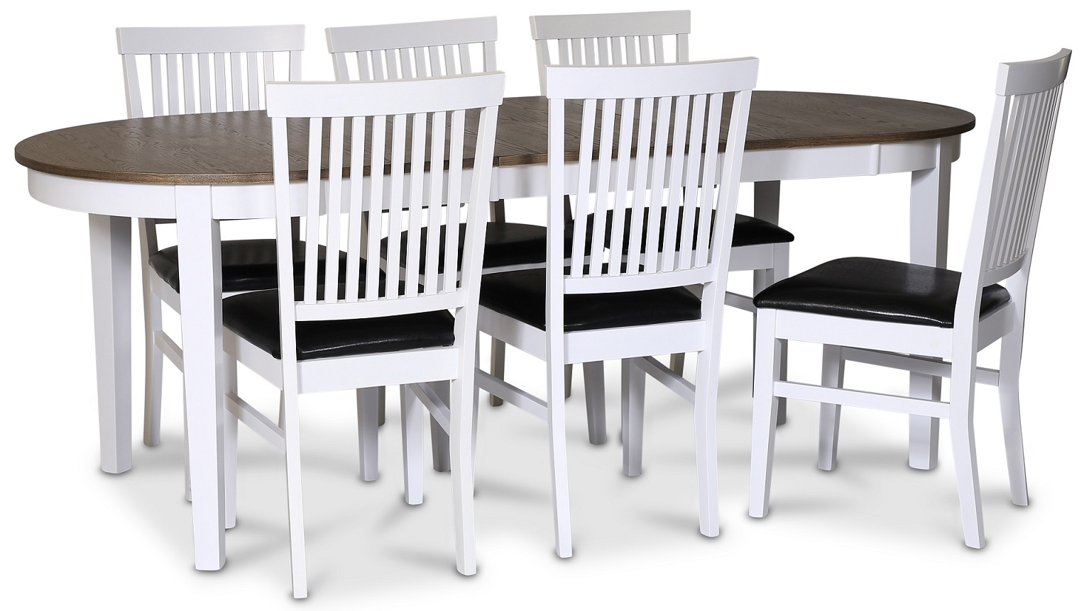 Lebensmittelgruppe Skagen; Esstisch 160/210x90 cm - Eiche weiß/braun geölt mit 6 Fårö Stühlen mit schwarzem PU-Sitz Lebensmittelgruppe Skagen; Esstisch 160/210x90 cm - Eiche weiß/braun geölt mit 6 Fårö Stühlen mit schwarzem PU-Sitz