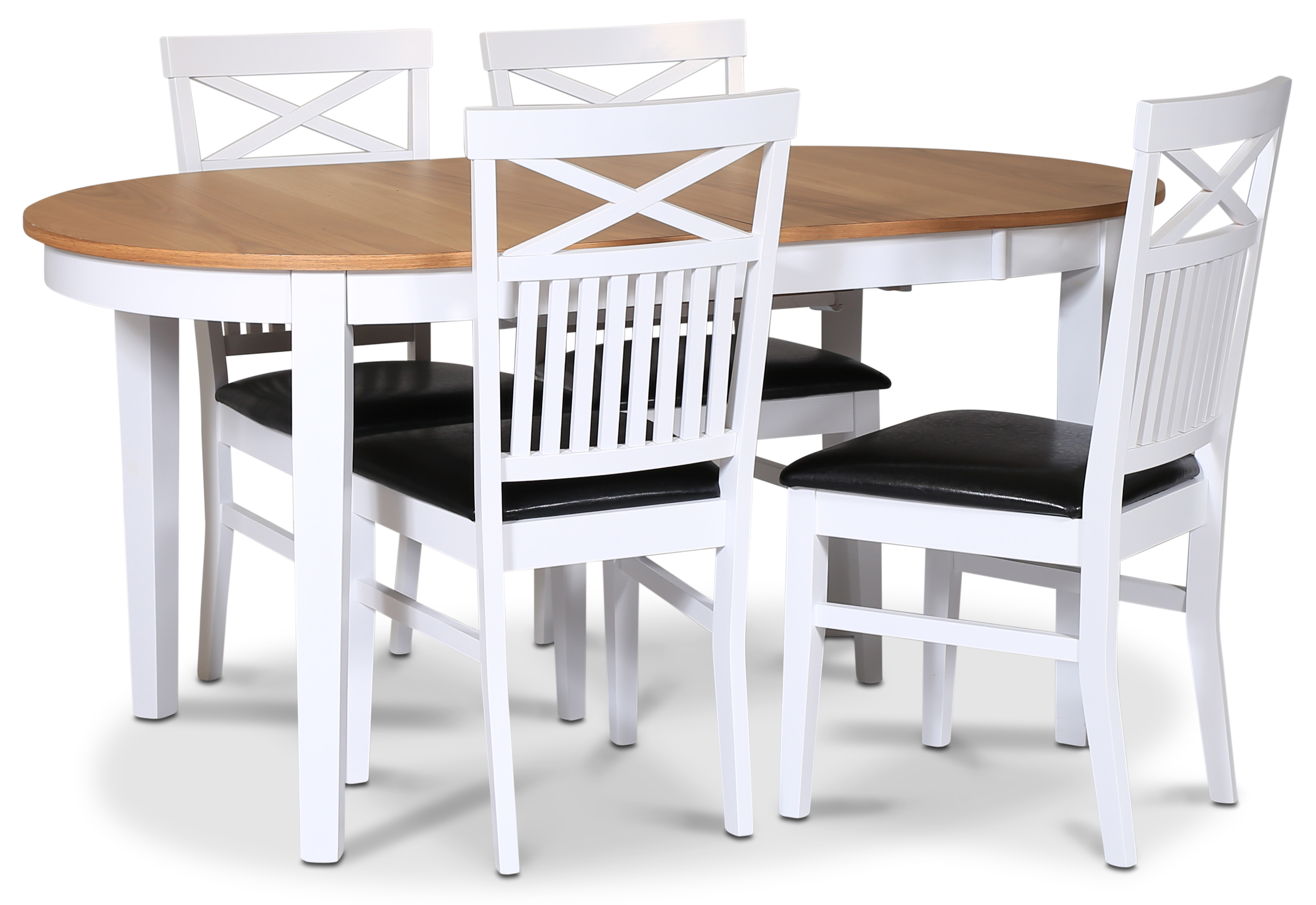 Lebensmittelgruppe F�r�; Esstisch 160/210x90 cm - Eiche wei� / ge�lt mit 4 F�r� St�hlen Kreuz in der R�ckenlehne und Sitz in sch