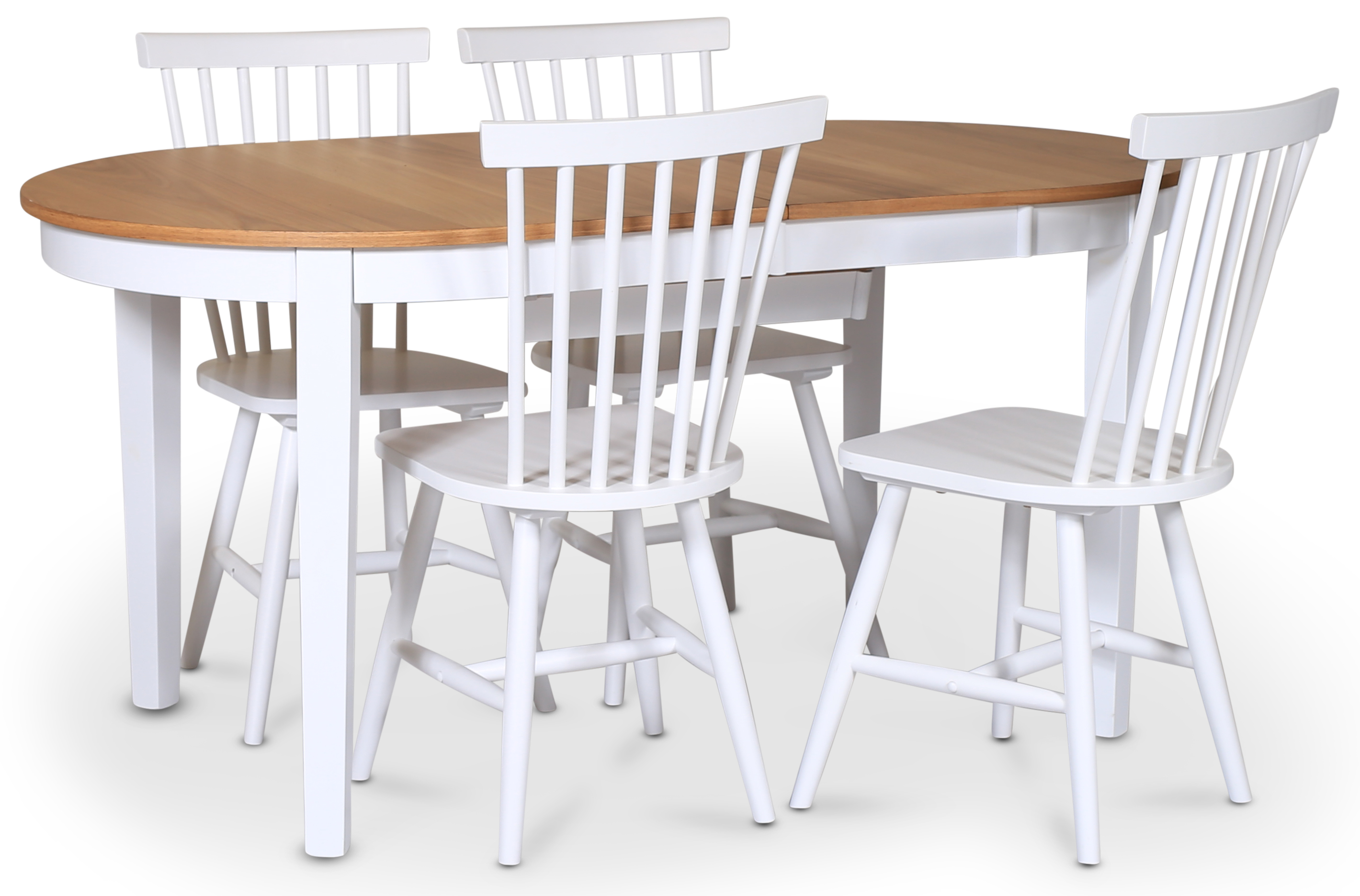 Lebensmittelgruppe F�r�; Esstisch 160/210x90 cm - Eiche wei� / ge�lt mit 4 wei�en Karlrohrst�hlen