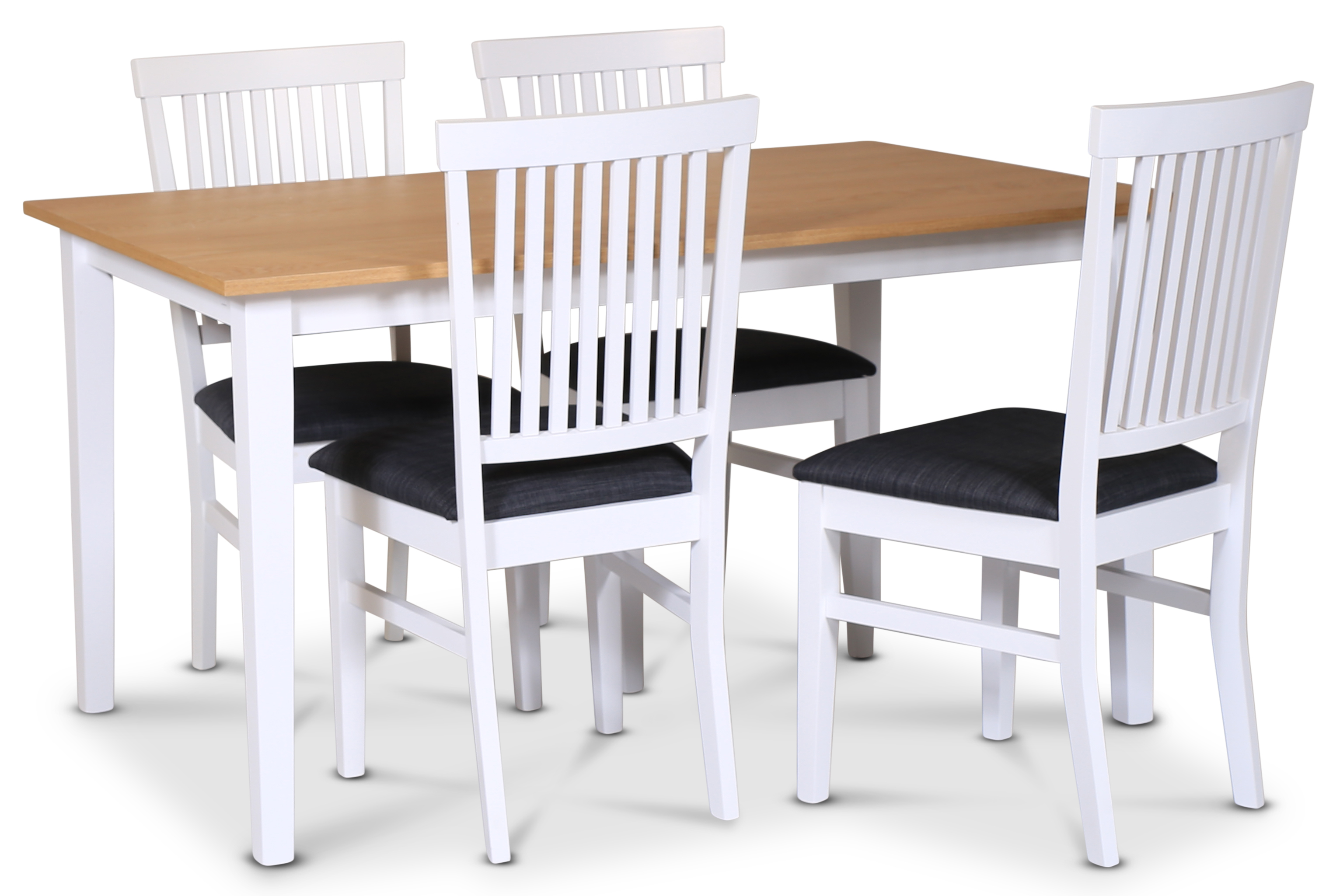 Lebensmittelgruppe F�r�; Esstisch 140x90 cm - Eiche wei� / ge�lt mit 4 F�r� Esszimmerst�hlen mit Leisten in der R�ckenlehne, Sit