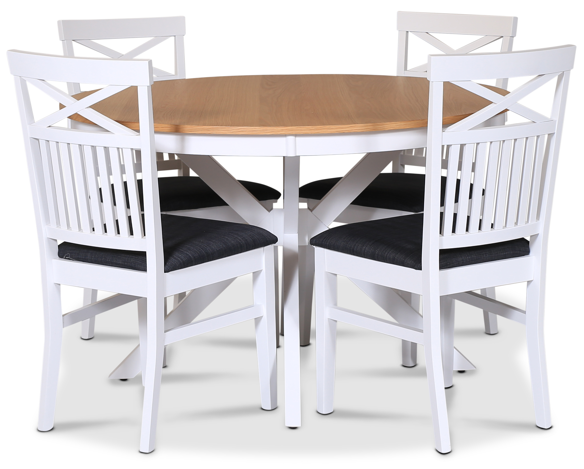 Lebensmittelgruppe Tromsø; runder Esstisch 120 cm - Eiche weiß / geölt mit 4 Skagen Stühlen mit grauer Sitzfläche Lebensmittelgruppe Tromsø; runder Esstisch 120 cm - Eiche weiß / geölt mit 4 Skagen Stühlen mit grauer Sitzfläche