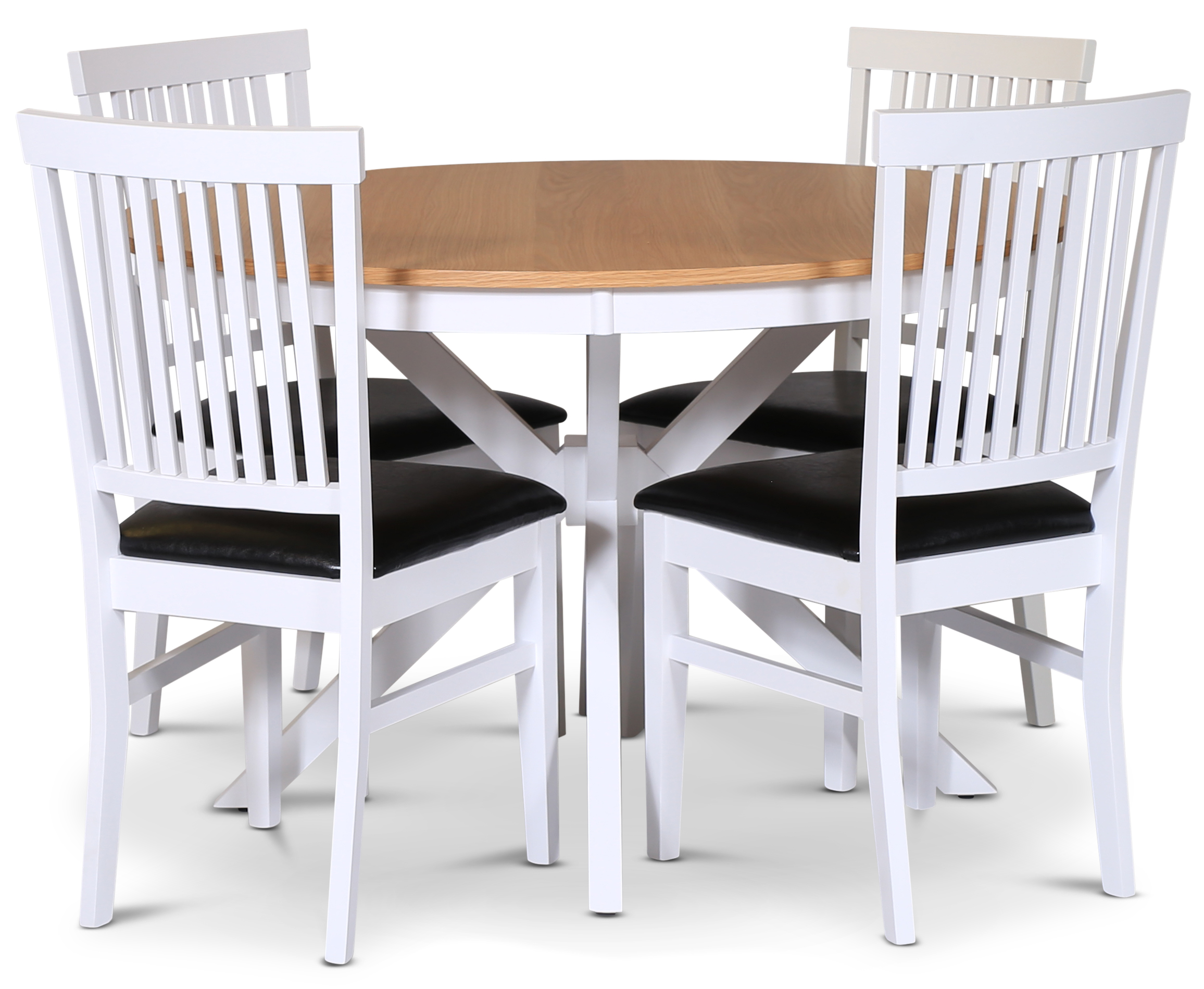 Lebensmittelgruppe Tromsø; runder Esstisch 120 cm - Eiche weiß / geölt mit 4 Fårö-Stühlen mit Sitzen aus schwarzem PU Lebensmittelgruppe Tromsø; runder Esstisch 120 cm - Eiche weiß / geölt mit 4 Fårö-Stühlen mit Sitzen aus schwarzem PU