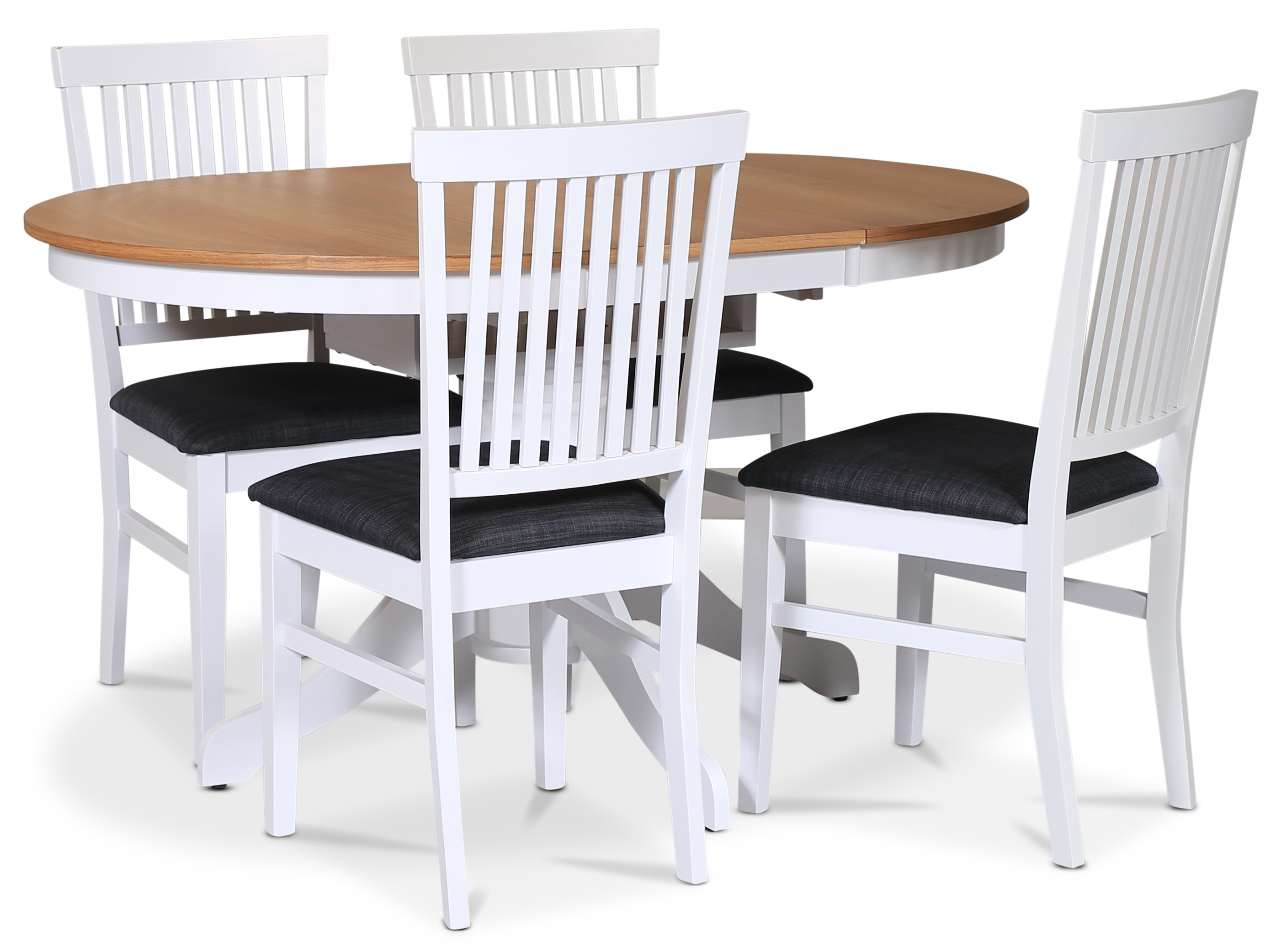 Fitchburg Food Group; runder Esstisch 106 /141 cm - Weiß / geölte Eiche mit 4 Fårö Stühlen mit Sitzen aus grauem Stoff Fitchburg Food Group; runder Esstisch 106 /141 cm - Weiß / geölte Eiche mit 4 Fårö Stühlen mit Sitzen aus grauem Stoff