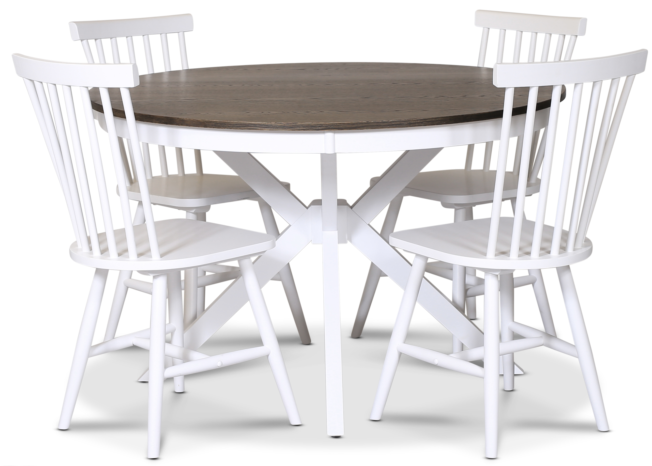 Lebensmittelgruppe Skagen; runder Esstisch �120 cm - Eiche wei�/braun ge�lt mit 4 wei�en Karl Pinnstolar