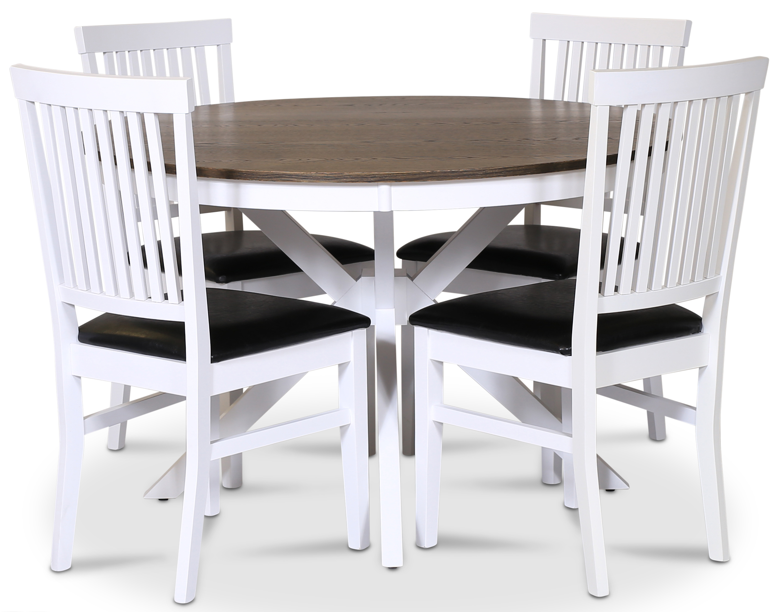 Lebensmittelgruppe Skagen; runder Esstisch �120 cm - wei�/braun ge�lte Eiche mit 4 F�r�-St�hlen (Ribs in the back) mit schwarzer