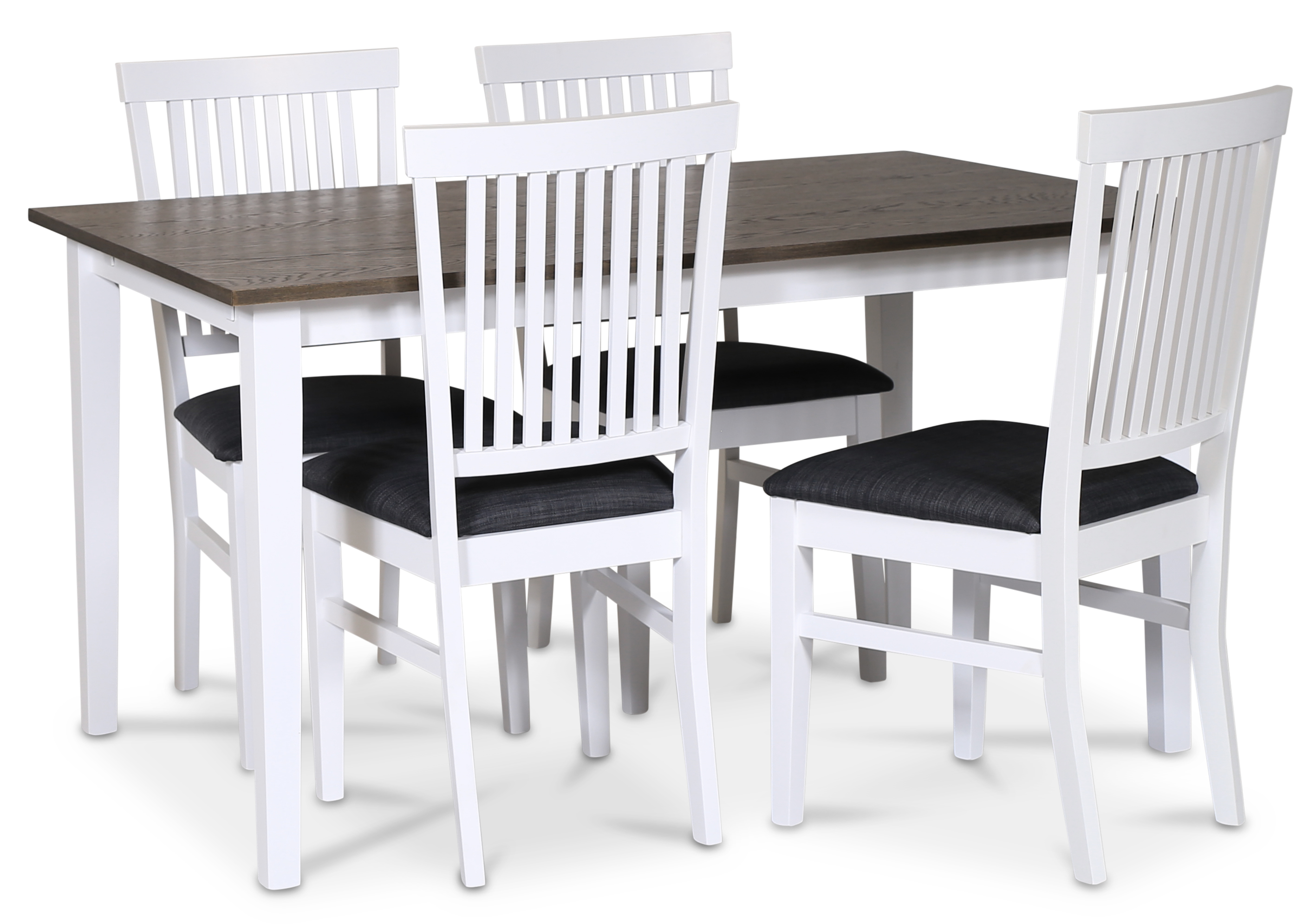 Lebensmittelgruppe Skagen; Klassischer Esstisch 140x90 cm - Wei�/braun ge�lte Eiche mit 4 F�r� St�hlen (Ribs in the back) mit gr