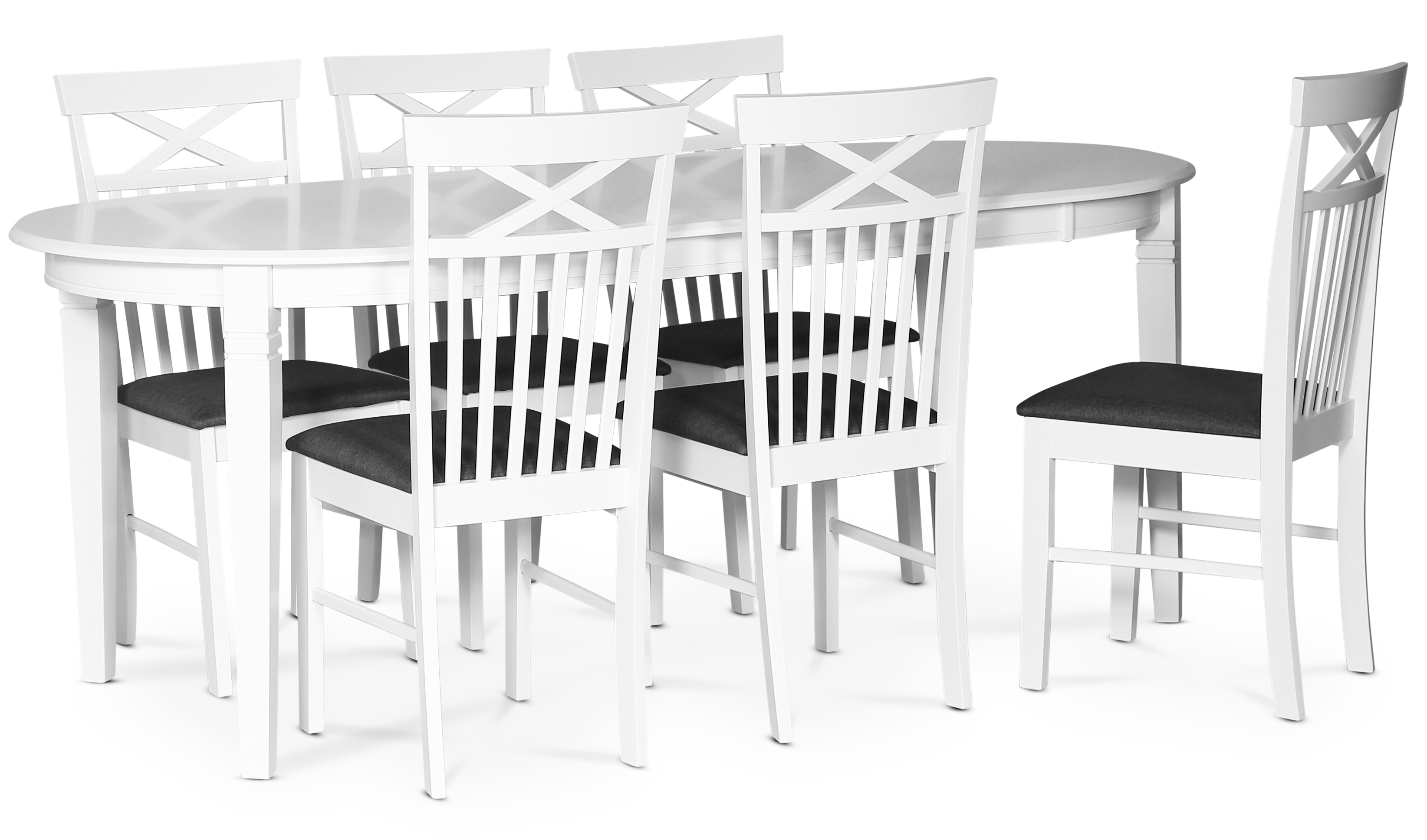 Ovaler Esstisch der Sandhamn-Essgruppe mit 6 Sofiero-Stühlen mit Kreuz auf der Rückseite + 6.00 x Stuhlkissen Ovaler Esstisch der Sandhamn-Essgruppe mit 6 Sofiero-Stühlen mit Kreuz auf der Rückseite + 6.00 x Stuhlkissen