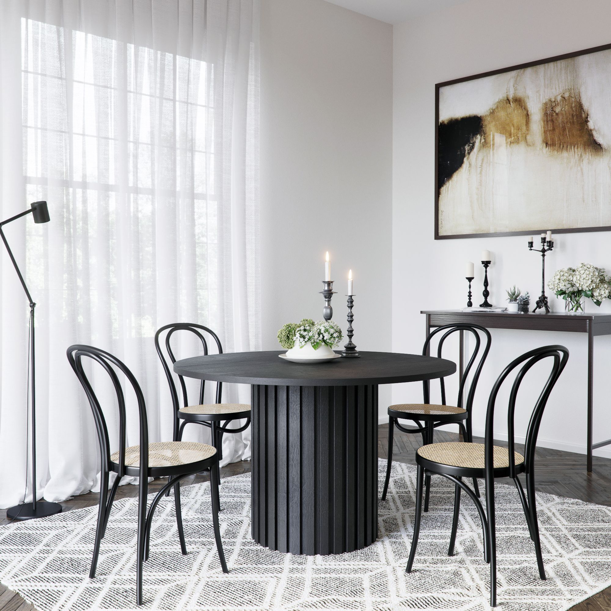 PiPi Essgruppe, runder Esstisch Ø120 cm inkl. 4 Bugholz Stuhl No18 - Schwarz gebeiztes Holz PiPi Essgruppe, runder Esstisch Ø120 cm inkl. 4 Bugholz Stuhl No18 - Schwarz gebeiztes Holz