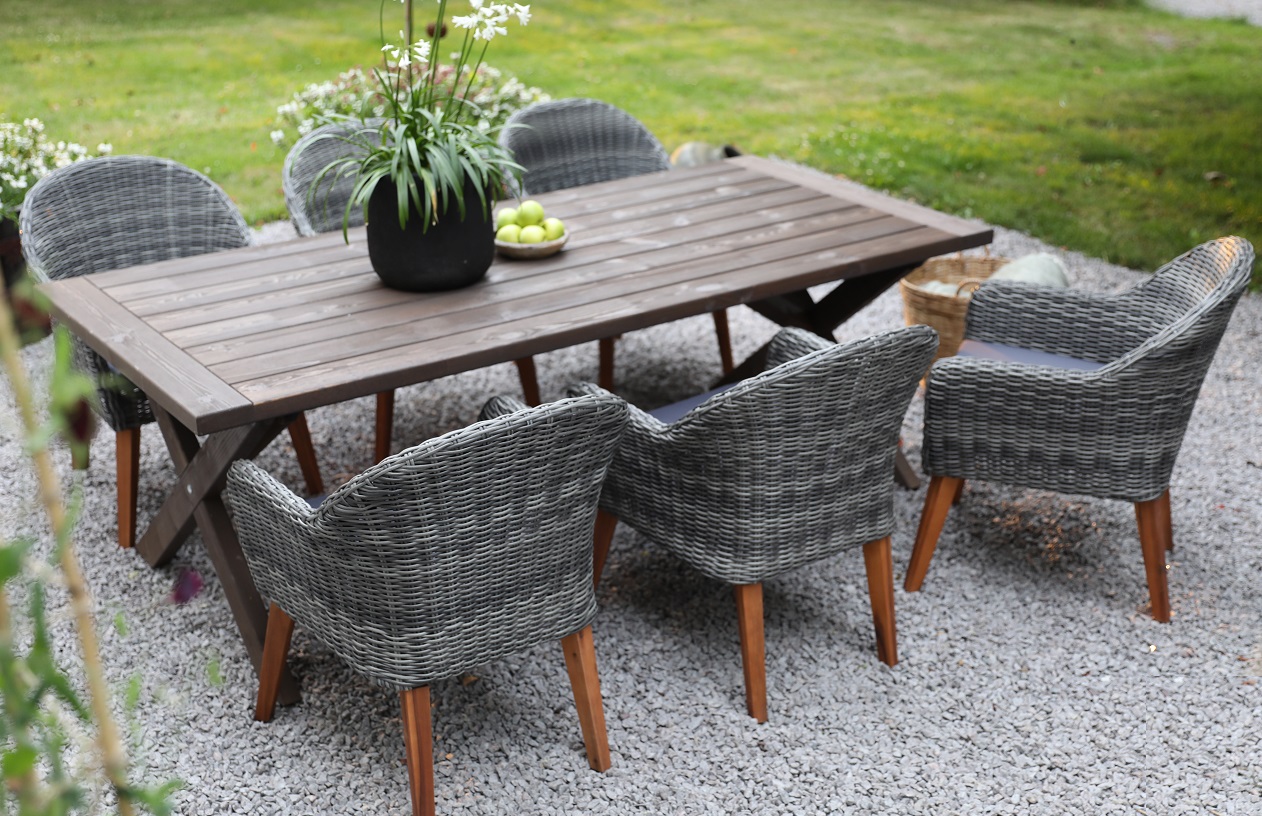 Oxford-Speisegruppe im Freien; tan Tisch 220 cm inkl. 6 Valetta Sessel graues Kunstrattan Oxford-Speisegruppe im Freien; tan Tisch 220 cm inkl. 6 Valetta Sessel graues Kunstrattan