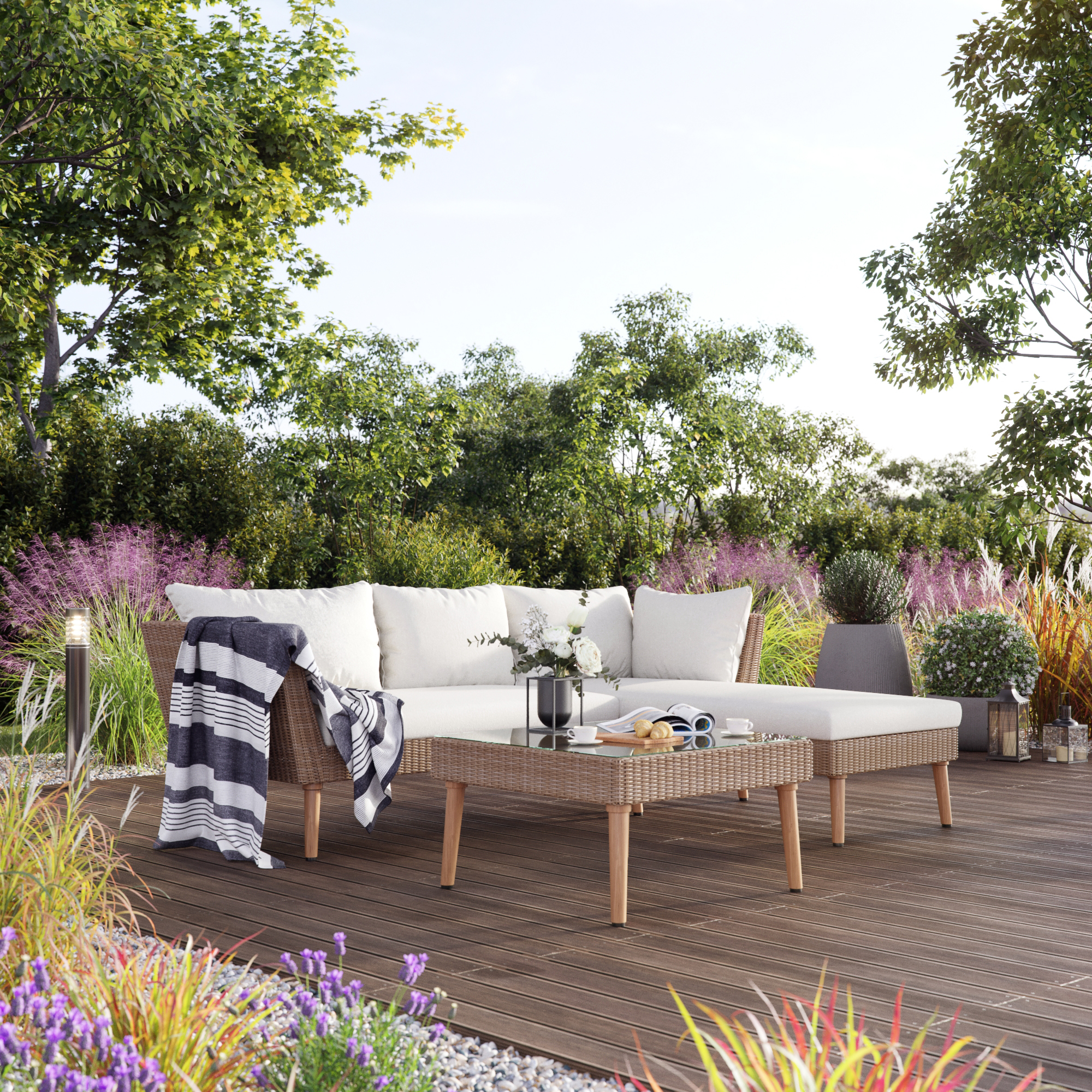 Aschrotes Gartenm�bel-Gruppensofa mit Tisch - Nat�rliches k�nstliches Rattan + M�belreinigung