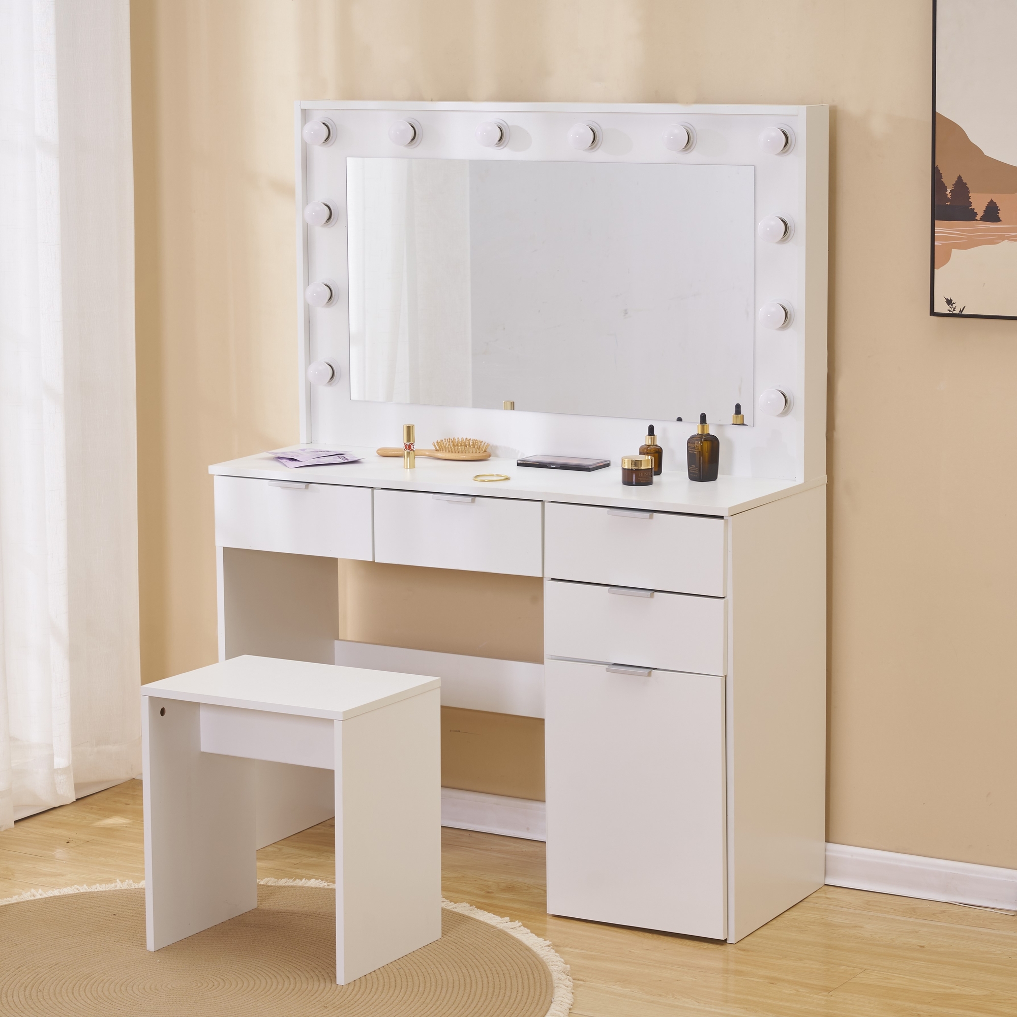 Schminktisch mit Stuhl, Spiegel und Beleuchtung - Wei�