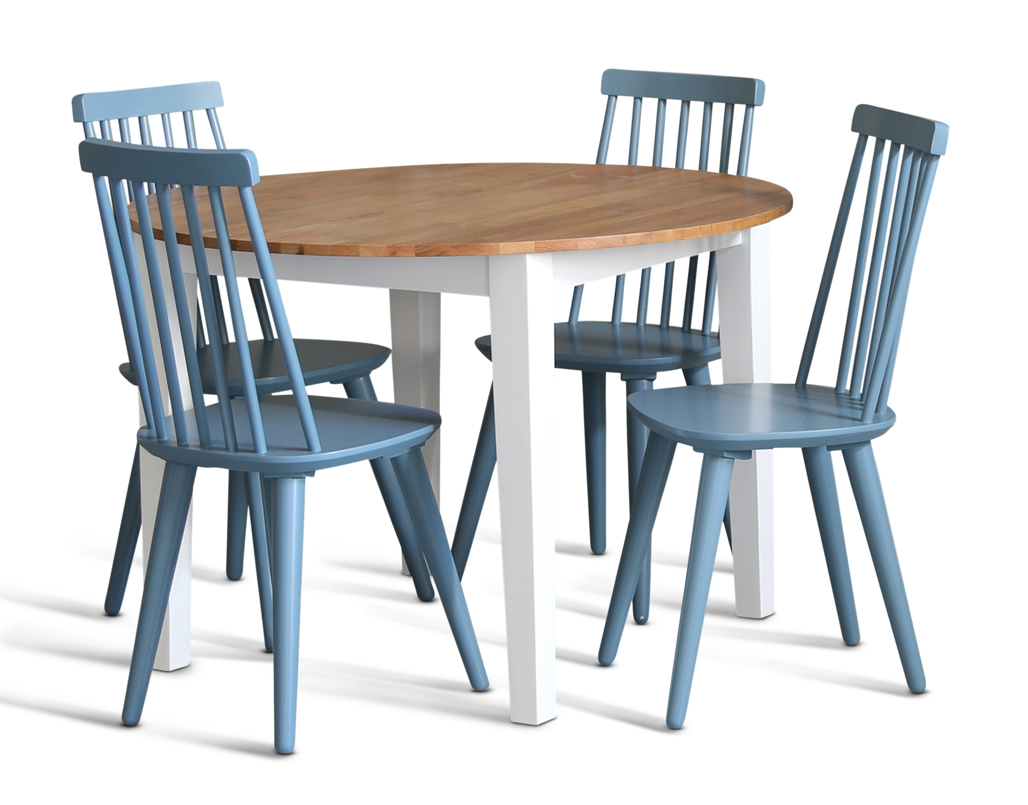 Essgruppe: Runder Tisch in Eiche/Wei� mit 4 taubenblauen Korbst�hlen
