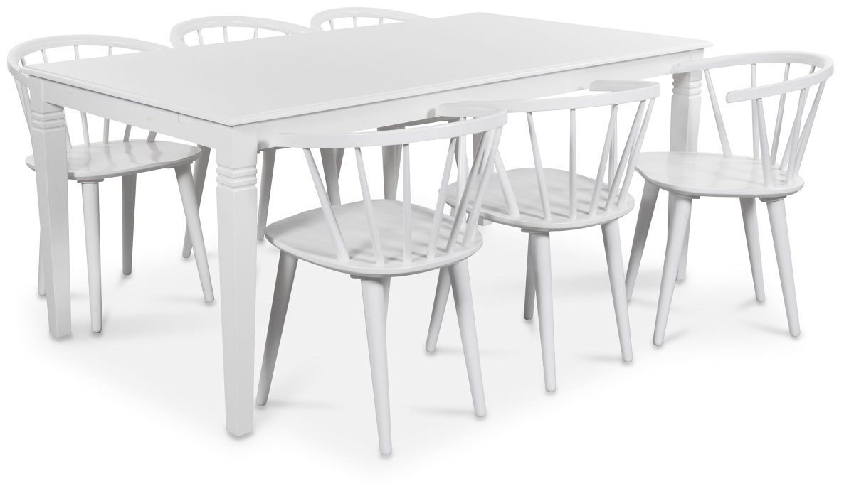 Esstischgruppe Mellby Tisch mit 6 weißen Fredrik Pinnstolar mit Gestell Esstischgruppe Mellby Tisch mit 6 weißen Fredrik Pinnstolar mit Gestell