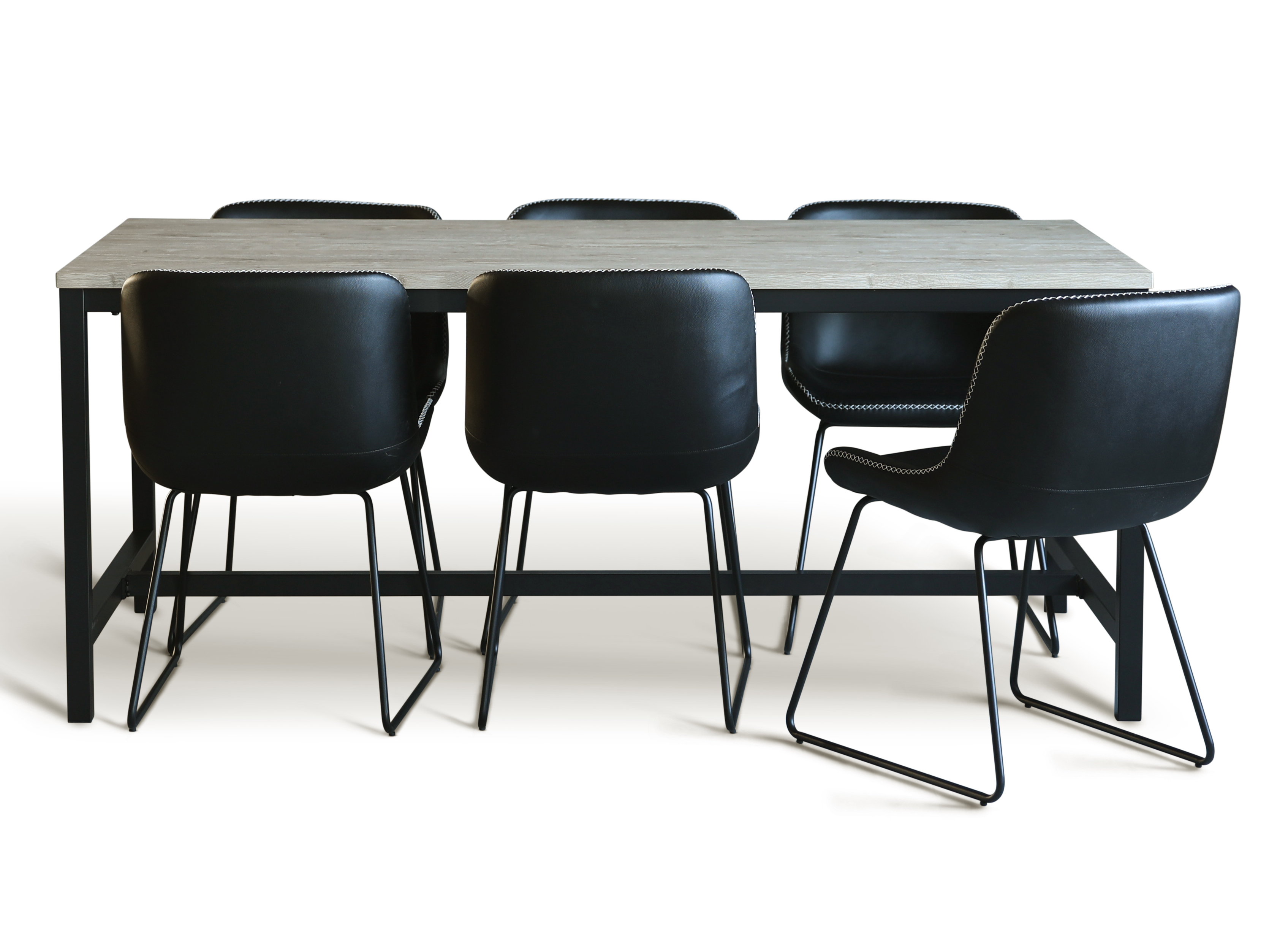 Texas-Essgruppe mit 8 Texas-Esszimmerst�hlen aus schwarzem PU + Texas-Esstisch aus heller Eiche 200x100 cm