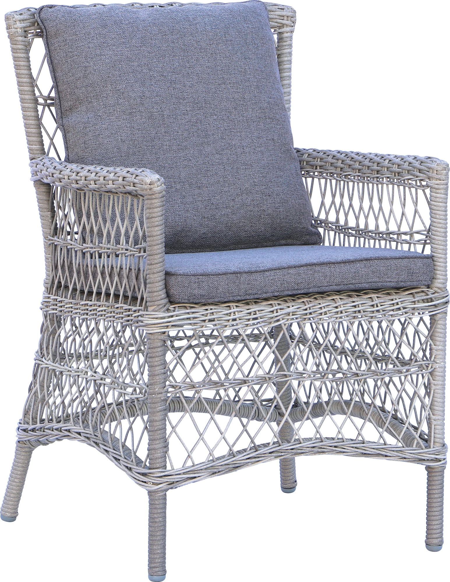 Esszimmerstuhl f�r den Au�enbereich aus grauem Rattan mit Kissen