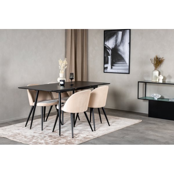 Silar Esszimmergarnitur mit 4 Samtstühlen - Schwarz/Beige