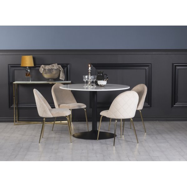 Plaza Essgruppe, Marmortisch mit 4 Plaza Samtsthlen - Beige/Brass/Schwarz