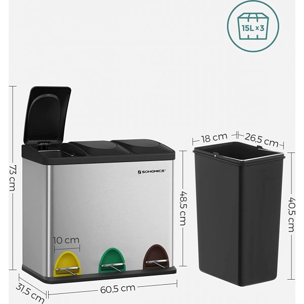 Maiken Abfalleimer 54 l - Silber/schwarz