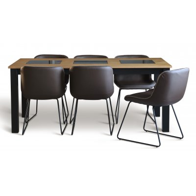 Essgruppe aus Granit; Tisch 180x90 cm Eiche/Schwarz mit 6 Texas-Esszimmersthlen aus braunem PU