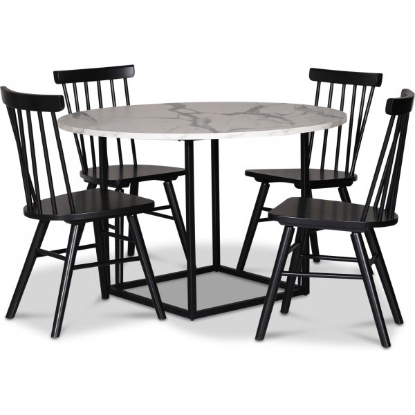 Sintorp Essgruppe, Esstisch rund 115 cm inkl. 4 Orust Freischwinger schwarz - Weier Marmor (Laminat) + 3.00 x Mbelfe